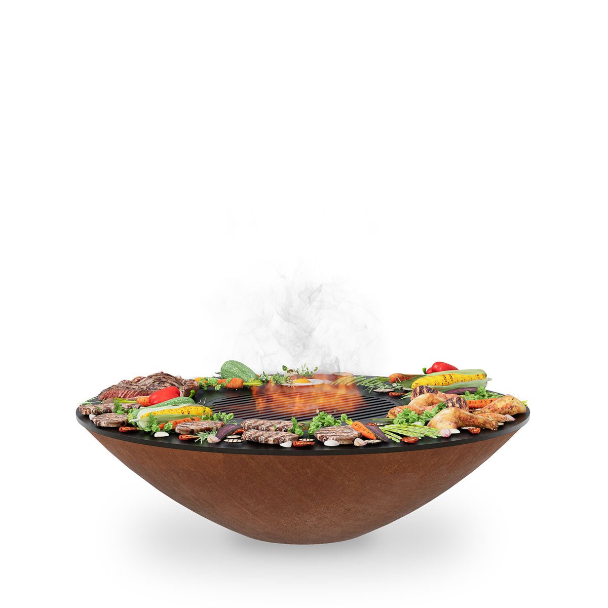 Arteflame Classic 40″ — Fire Pit with Cooktop (CORTEN Bowl; Short Round / Short Euro / Built-In No Base) - All Products, firepit by Arteflame | Buy at Agent BBQ