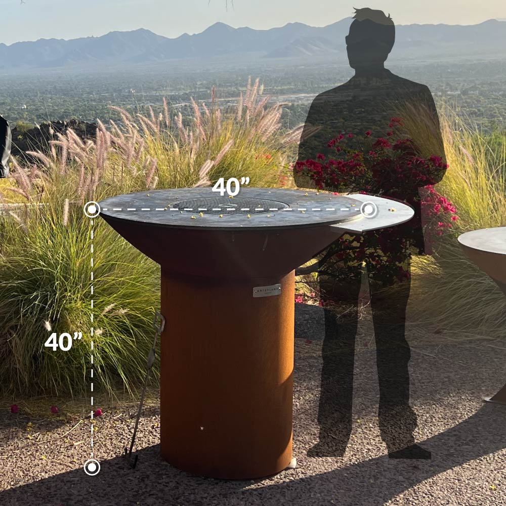 Arteflame Classic 40″ — Round Base Flat-Top Grill & Fire Bowl (CORTEN Steel) - All Products, Arteflame Grills by Arteflame | Buy at Agent BBQ