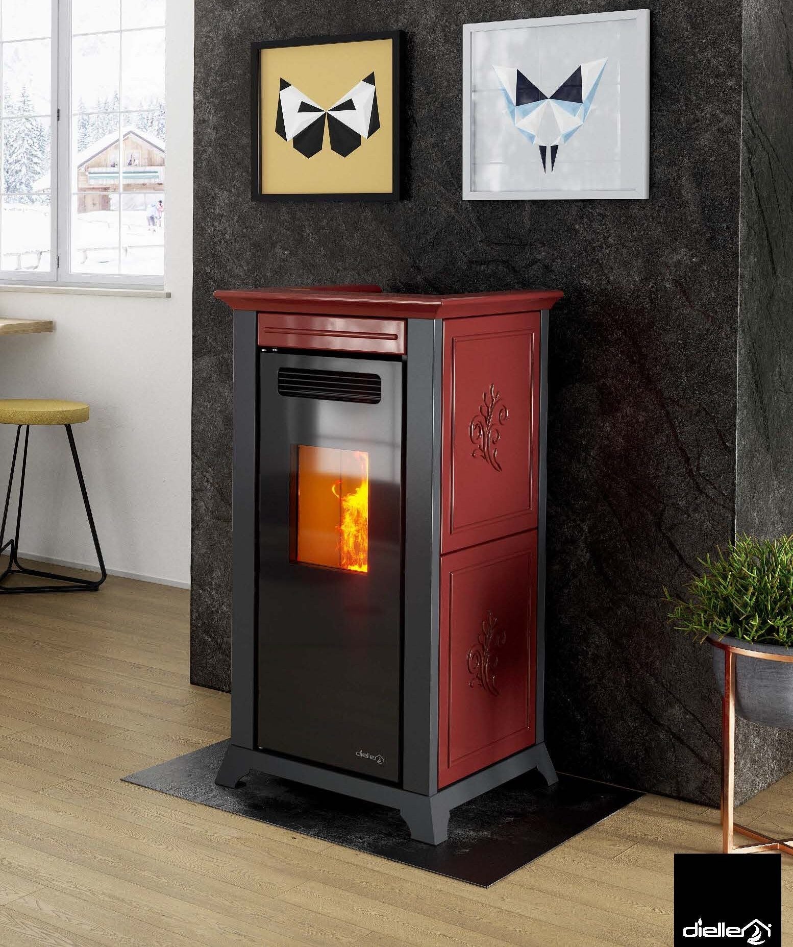 Dielle Ethesia Pellet Stove - Bordeaux Ceramic With Black Glass Front - by Dielle | Buy at Agent BBQ