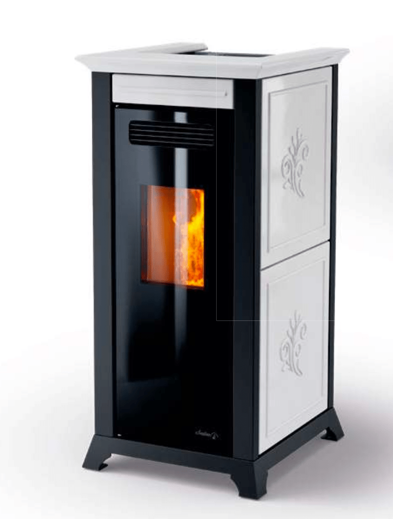 Dielle Ethesia Pellet Stove - White Ceramic With Black Glass Front - by Dielle | Buy at Agent BBQ