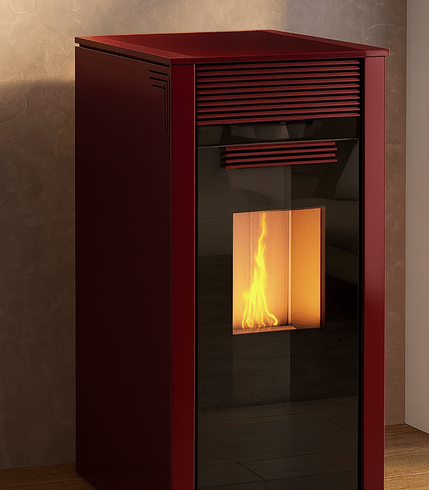 Dielle Grecale 70 Pellet Stove - Bordeaux Metallic Steel With Magic Black Glass Front - by Dielle | Buy at Agent BBQ