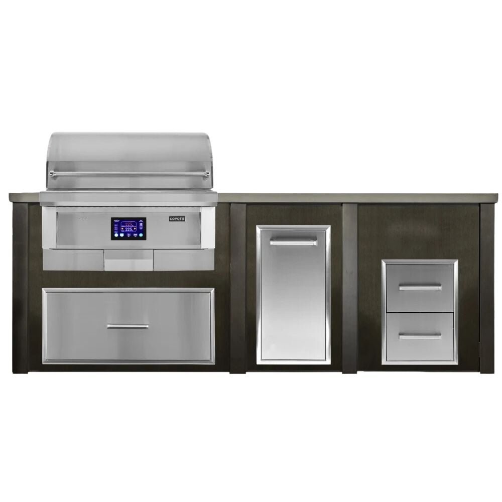 Haven 8 Ft. Outdoor Kitchen Island with Coyote 36 - Inch Pellet Grill, 2 Drawer Cabinet & Trash Drawer - Outdoor Kitchen Kits by Haven Outdoor | Buy at Agent BBQ