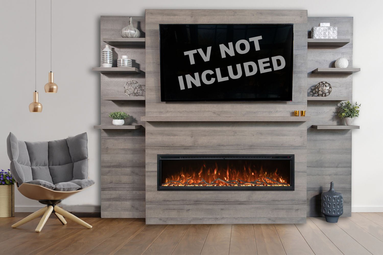 Modern Flames Allwood Fireplace Media Wall in Driftwood Gray | 60'' Spectrum Electric Fireplace - Electric Fireplace by Modern Flames | Buy at Agent BBQ