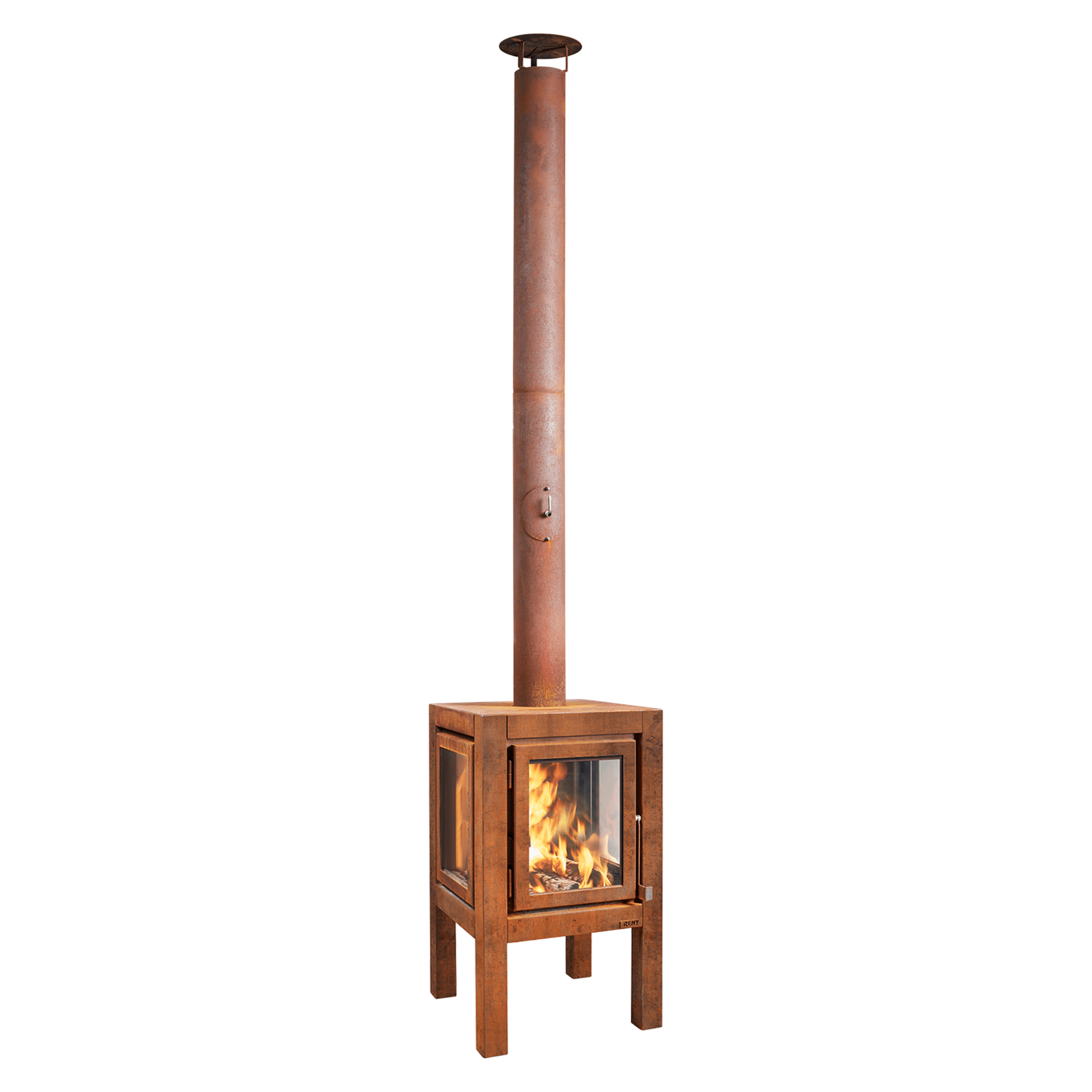 RB73 Quaruba XL MOBILE 4 - Sided Glass Warm Brown CorTen Steel Wood - Burning Outdoor Fireplace - by RB73 | Buy at Agent BBQ