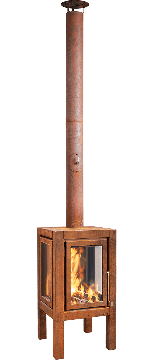 RB73 Quaruba XXL MOBILE 4 - Sided Glass Warm Brown CorTen Steel Wood - Burning Outdoor Fireplace - by RB73 | Buy at Agent BBQ