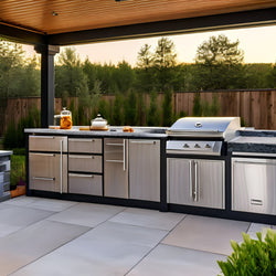 Built-in stainless steel outdoor refrigerator under a patio counter stocked with beverages