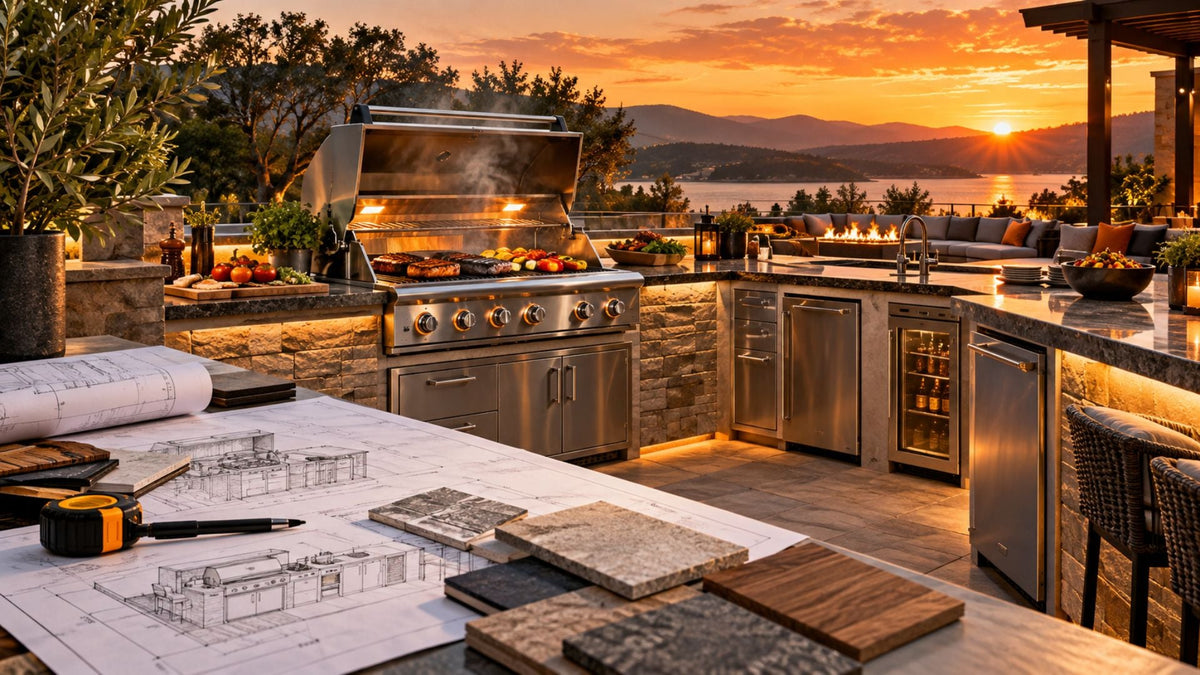 Complete outdoor kitchen build with built-in grill, storage, refrigeration, sink, and patio entertaining space