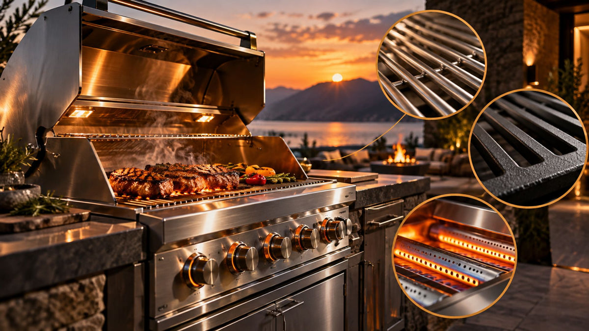 Premium gas grill with stainless steel grates burners and heavy-duty construction for outdoor cooking