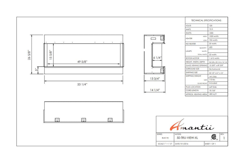 Amantii Panorama Tru View 50-inch 3-Sided View Built In Indoor/Outdoor Electric Fireplace