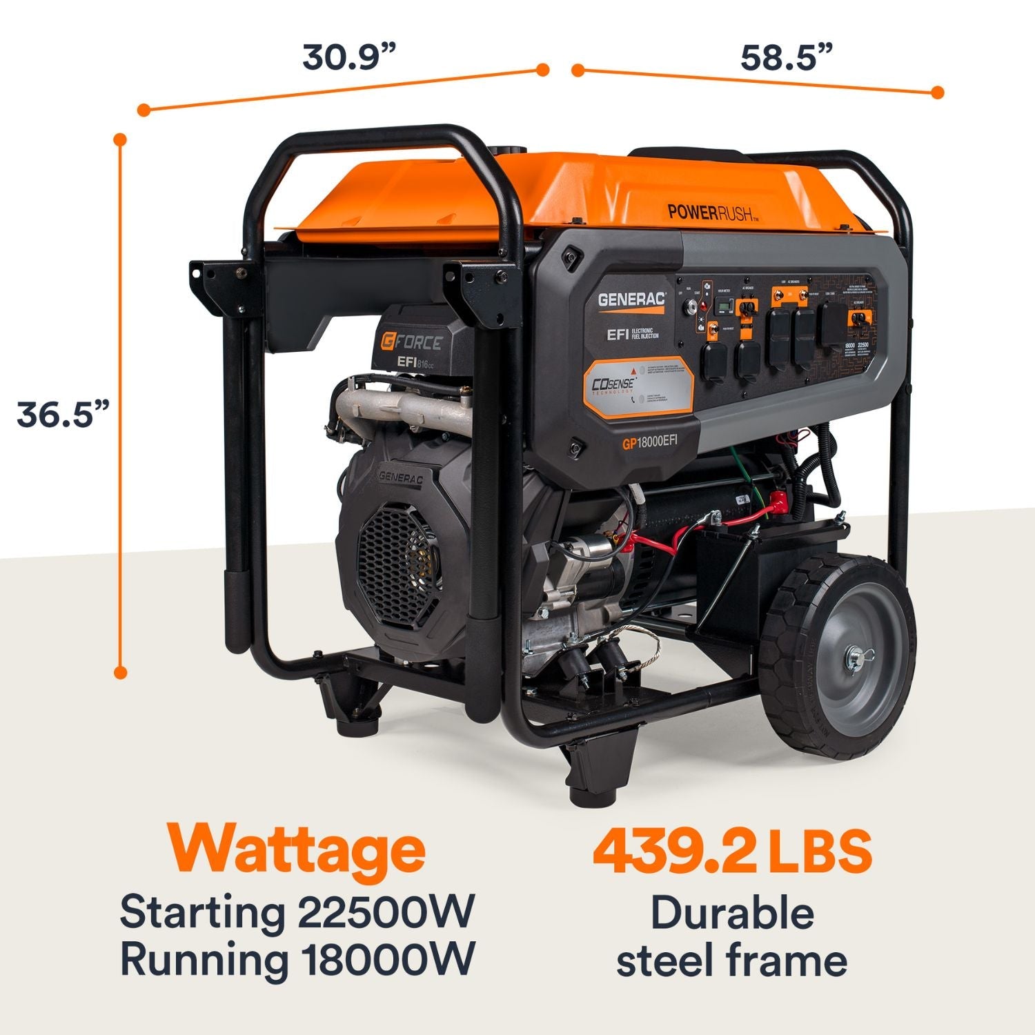 Generac GP18000EFI Portable Generator with dimensions and specifications on a white background
