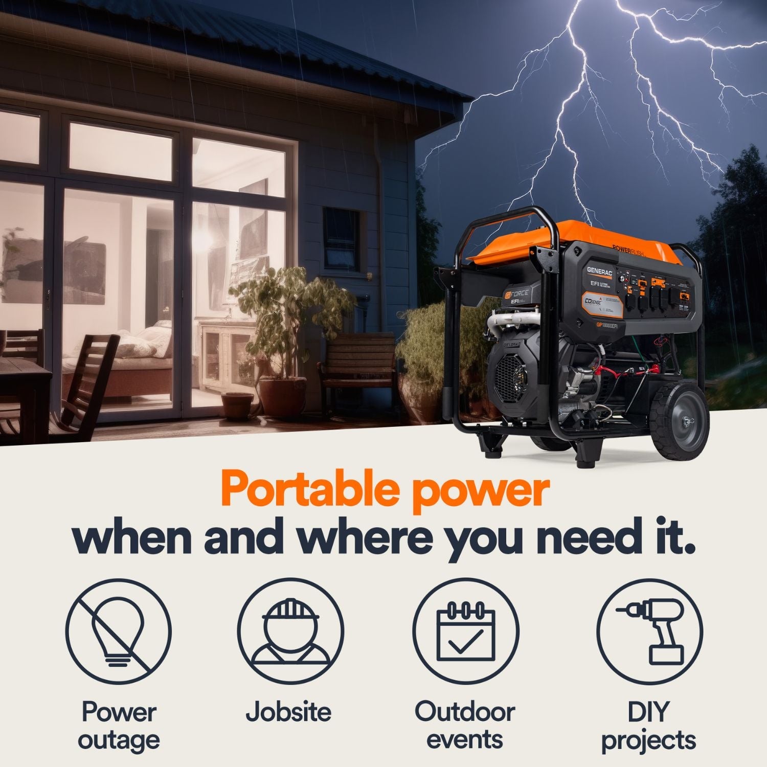 Generac GP18000EFI Portable Generator with lightning in the background, emphasizing portable power solutions.