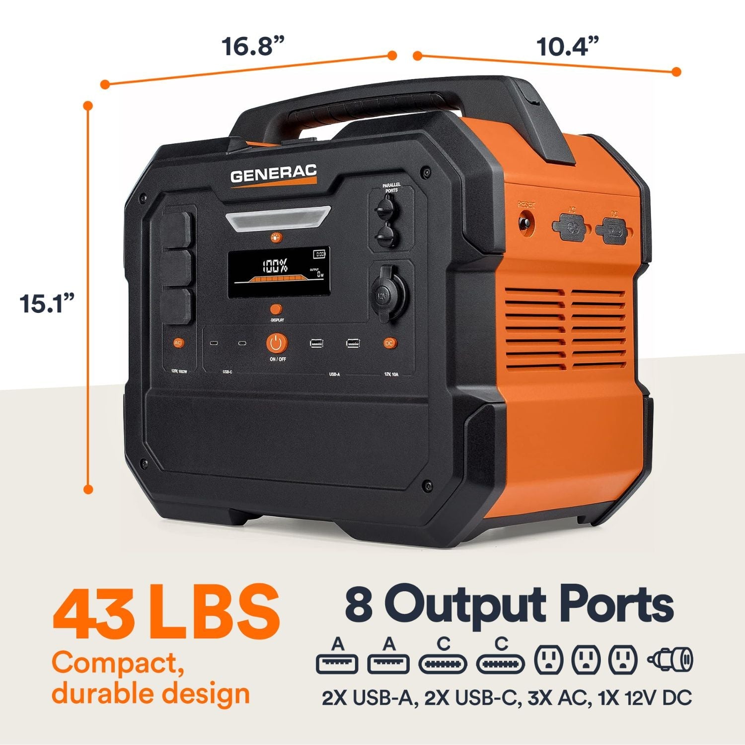 Generac portable power station with dimensions and features on a white background