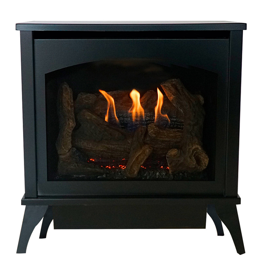 Black ventless gas stove with log set and flames behind glass, on four legs.