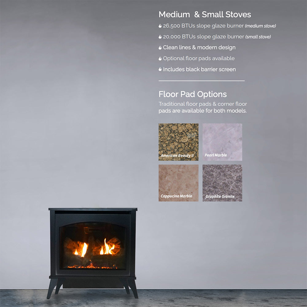Black ventless gas stove with glass front and burning log set on metal legs