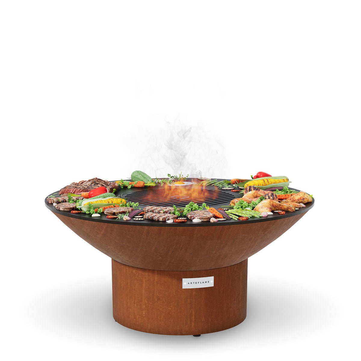 Arteflame Classic 40″ — Fire Pit with Cooktop (CORTEN Bowl; Short Round / Short Euro / Built-In No Base) - All Products, firepit by Arteflame | Buy at Agent BBQ