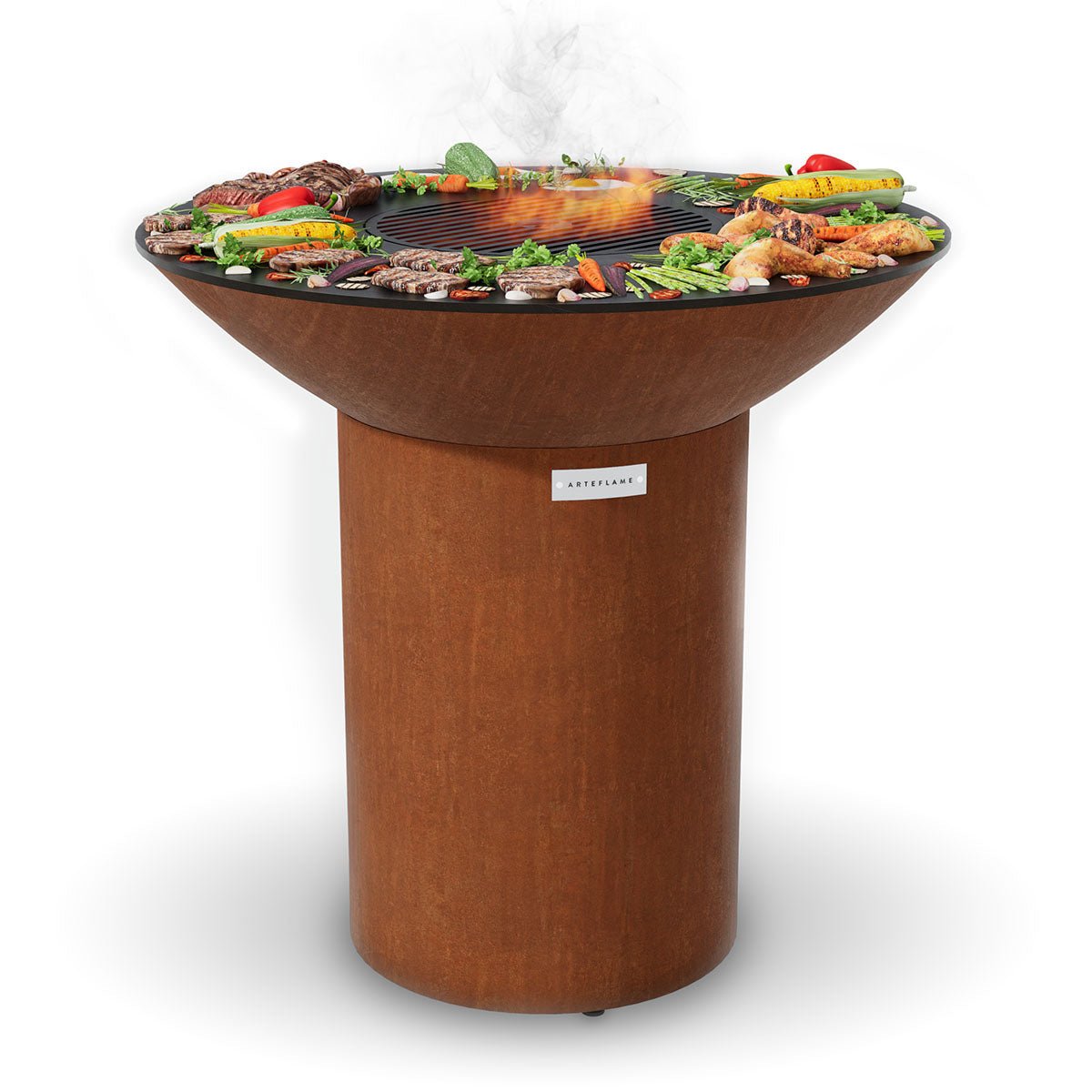 Arteflame Classic 40″ — Round Base Flat-Top Grill & Fire Bowl (CORTEN Steel) - All Products, Arteflame Grills by Arteflame | Buy at Agent BBQ