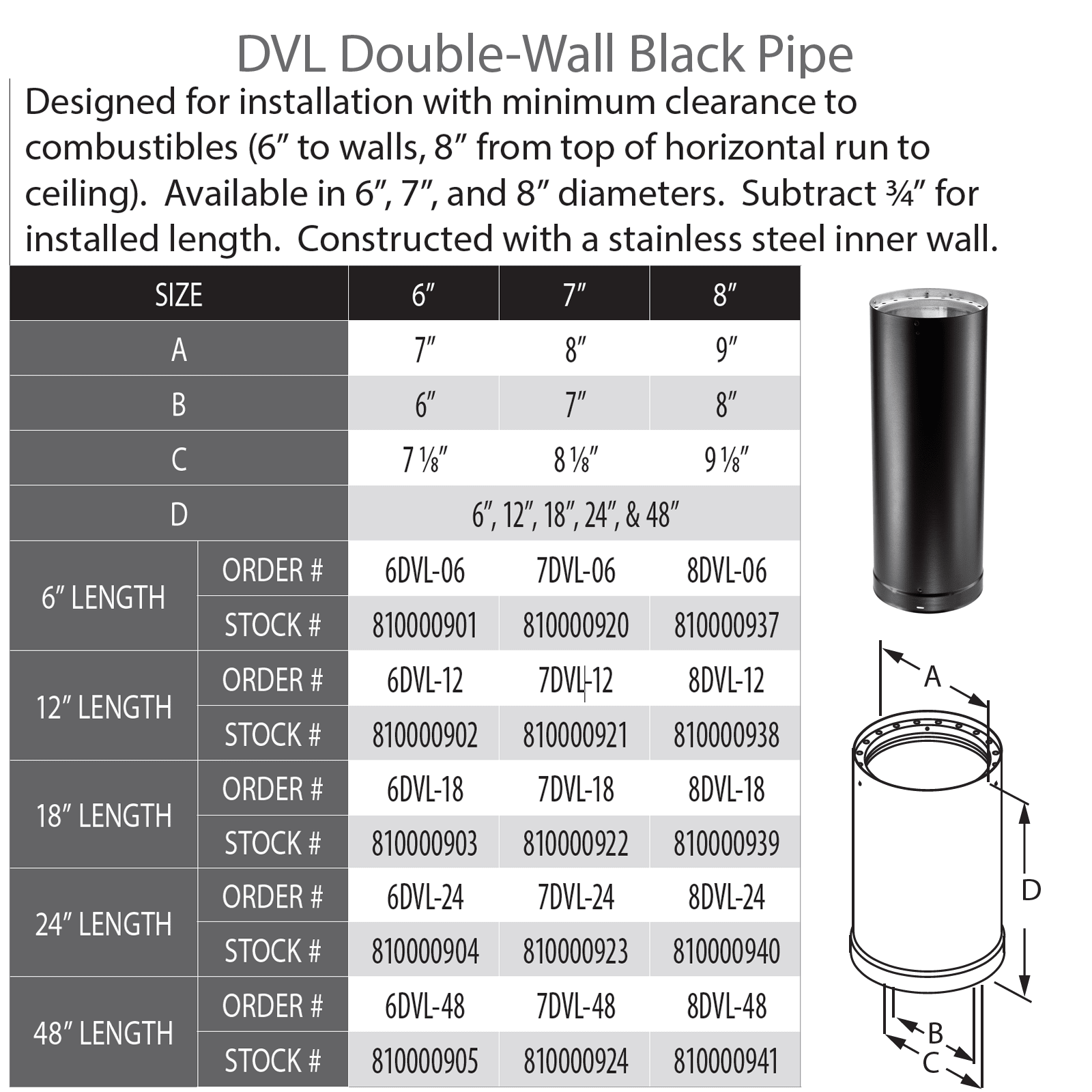 DuraVent DVL 8 Inch Diameter Double Wall Black 12 Inch Pipe Length - 8DVL-12 - Venting Component by DuraVent | Buy at Agent BBQ