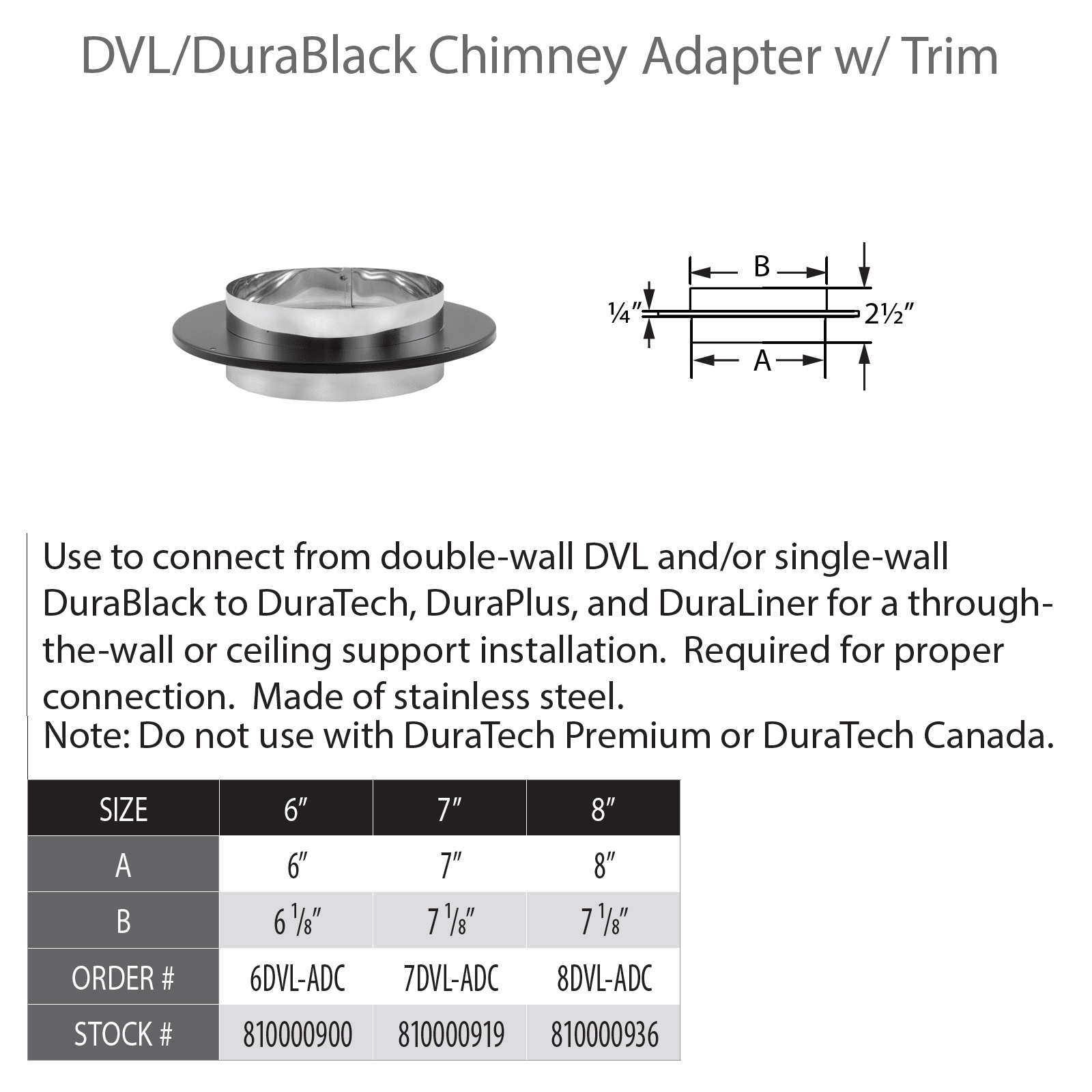 DuraVent DVL/DuraBlack 8 Inch Diameter Black Chimney Adapter - 8DVL-ADC - Venting Component by DuraVent | Buy at Agent BBQ