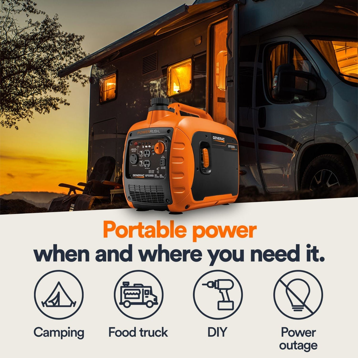 Generac 3300i Gasoline 2500W/3300W Portable Inverter Generator | COsense® - Portable Generators by Generac | Buy at Agent BBQ