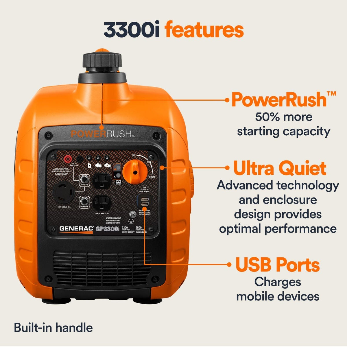 Generac 3300i Gasoline 2500W/3300W Portable Inverter Generator | COsense® - Portable Generators by Generac | Buy at Agent BBQ