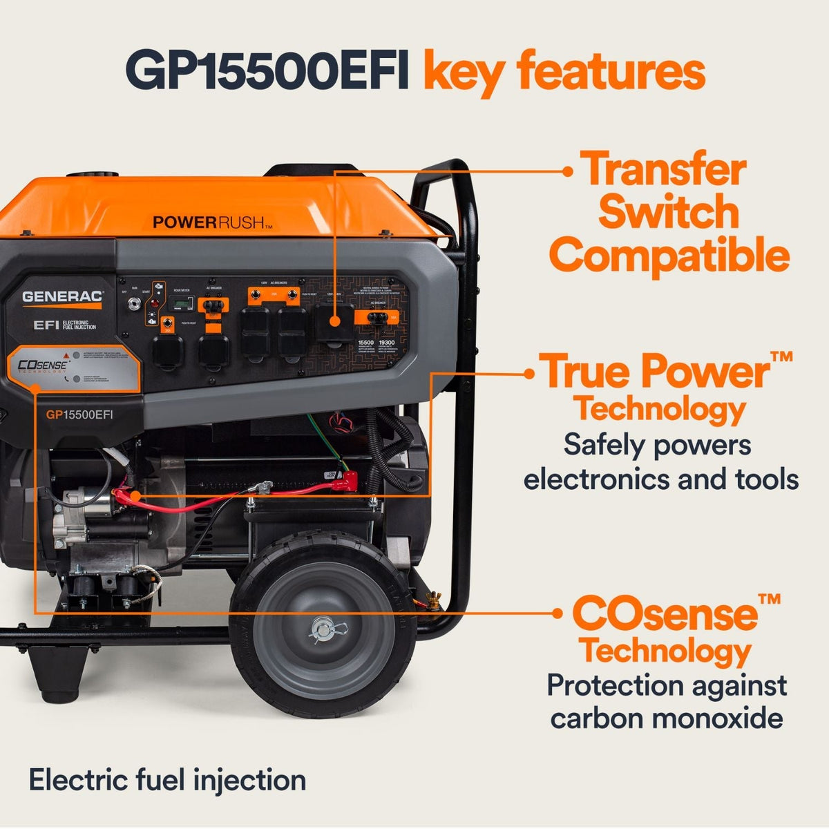 Generac GP15500EFI Gasoline 15500W/19300W Portable Generator | Electric Start | COsense® - Portable Generators by Generac | Buy at Agent BBQ