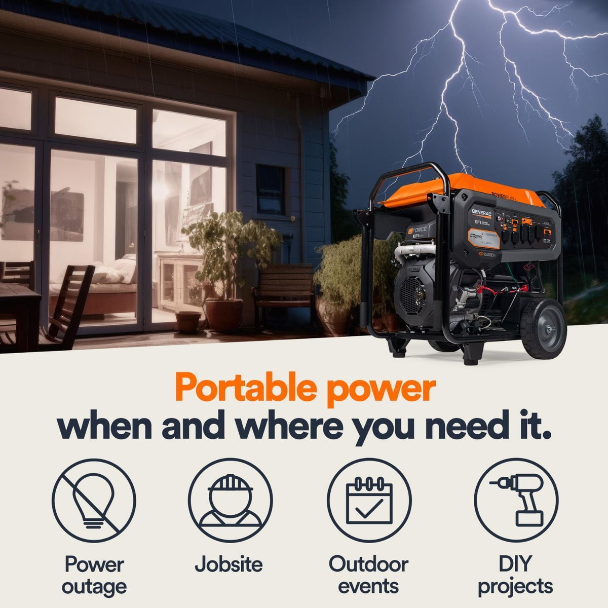 Generac GP15500EFI Gasoline 15500W/19300W Portable Generator | Electric Start | COsense® - Portable Generators by Generac | Buy at Agent BBQ