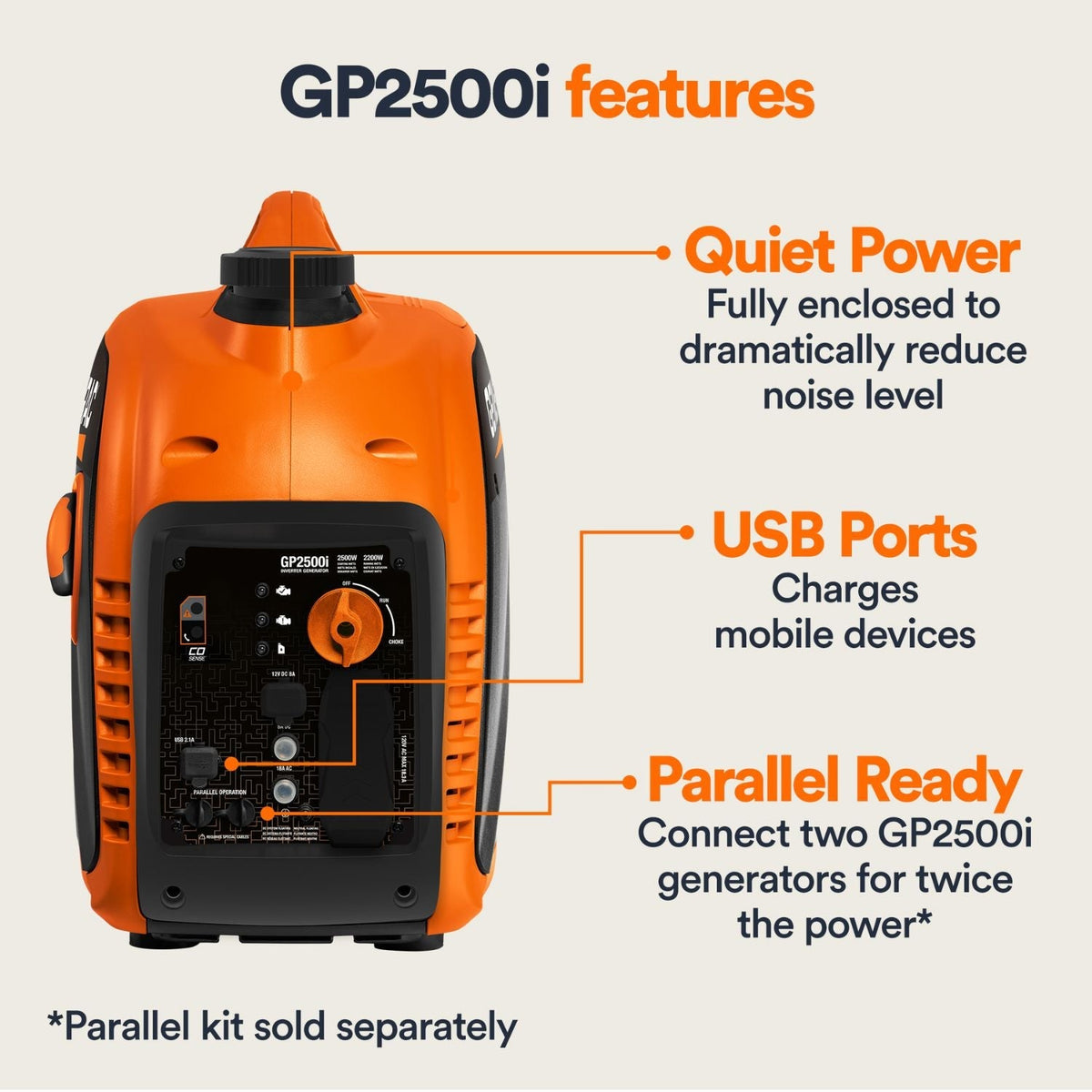 Generac GP2500i Gasoline 2200W/2500W Portable Inverter Generator | COsense® - Portable Generators by Generac | Buy at Agent BBQ