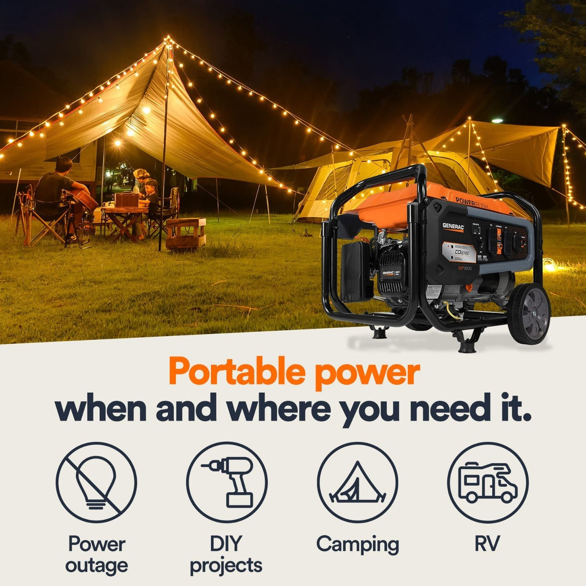 Generac GP3600 Gasoline 3600W/4500W Portable Generator | COsense® - Portable Generators by Generac | Buy at Agent BBQ