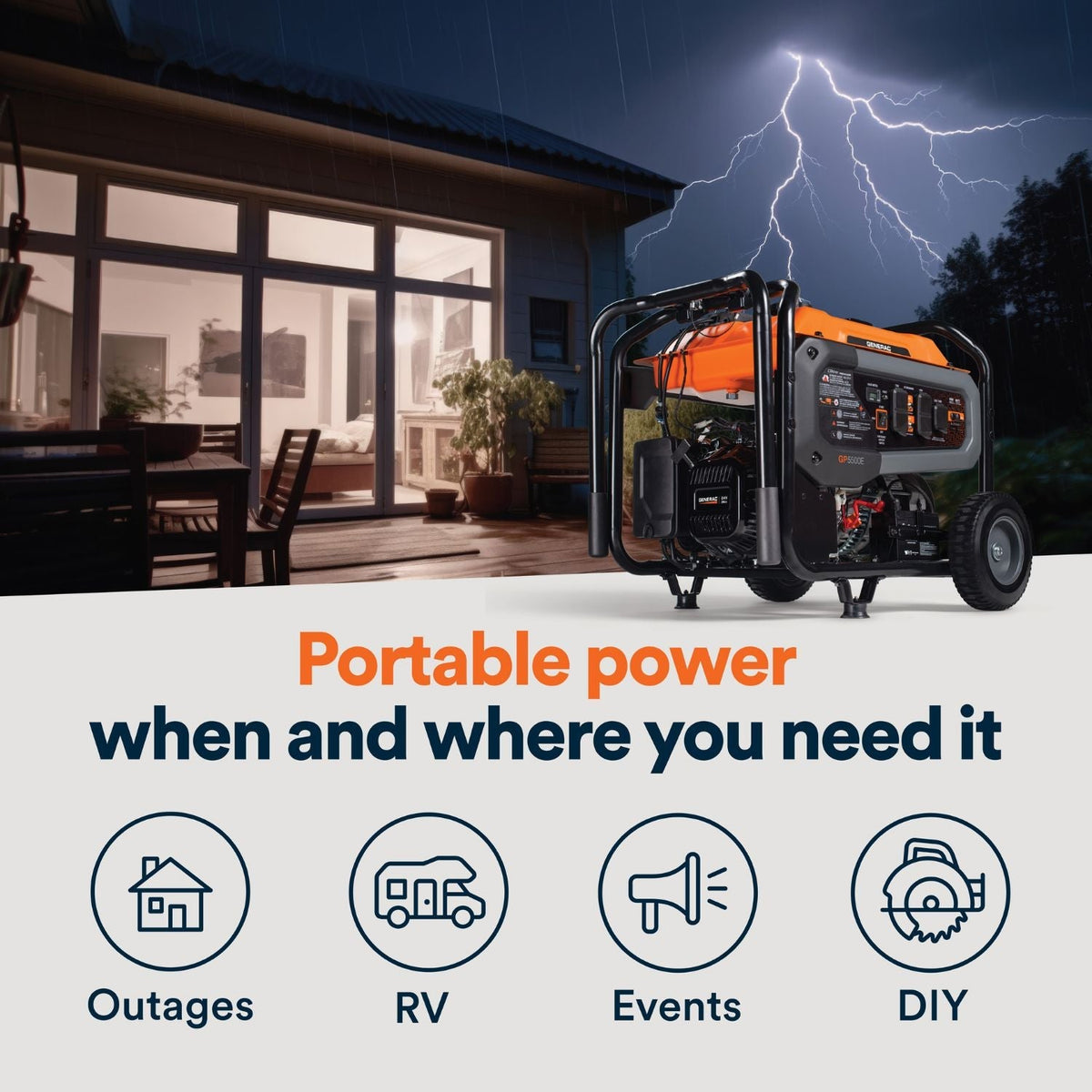 Generac GP5500E Gasoline 5500W/6875W Portable Generator | Electric Start | COsense® | EPA & CARB Approved - Portable Generators by Generac | Buy at Agent BBQ