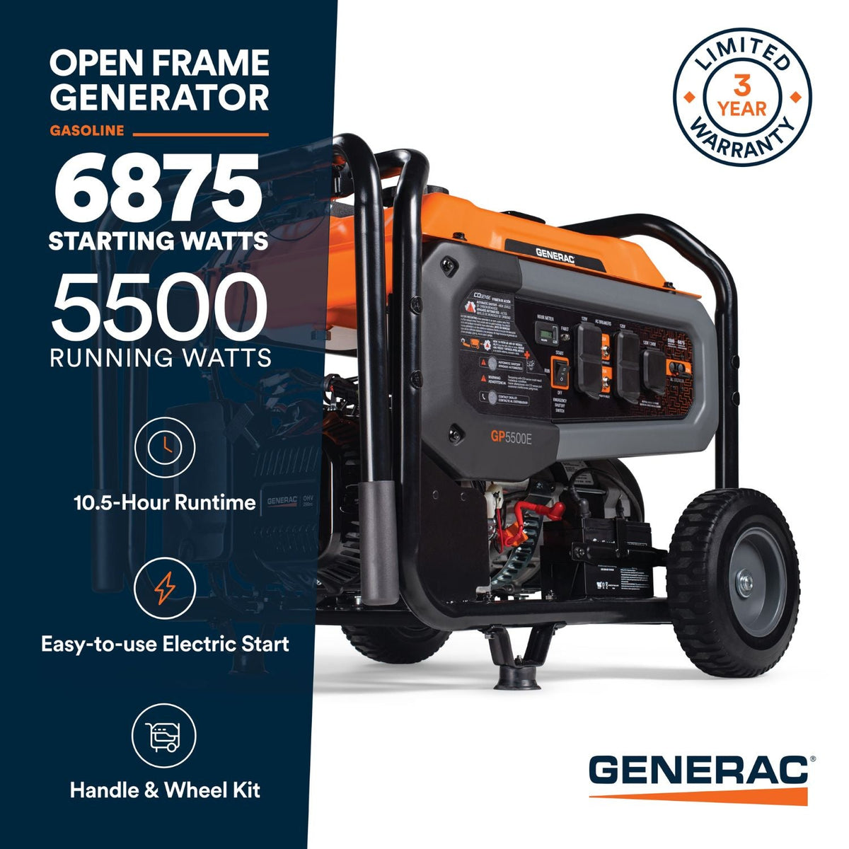 Generac GP5500E Gasoline 5500W/6875W Portable Generator | Electric Start | COsense® | EPA & CARB Approved - Portable Generators by Generac | Buy at Agent BBQ
