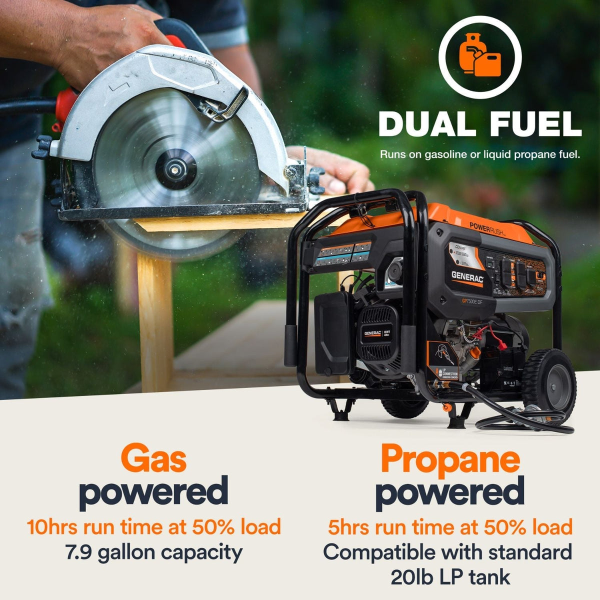 Generac GP7500E Dual Fuel 7500W/9400W Portable Generator | COsense® - Portable Generators by Generac | Buy at Agent BBQ