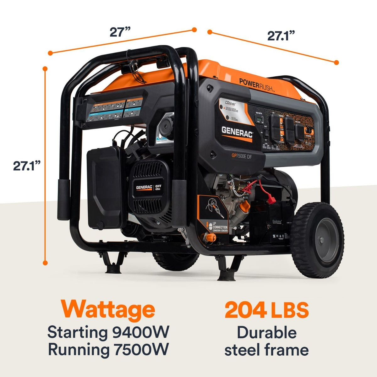 Generac GP7500E Dual Fuel 7500W/9400W Portable Generator | COsense® - Portable Generators by Generac | Buy at Agent BBQ