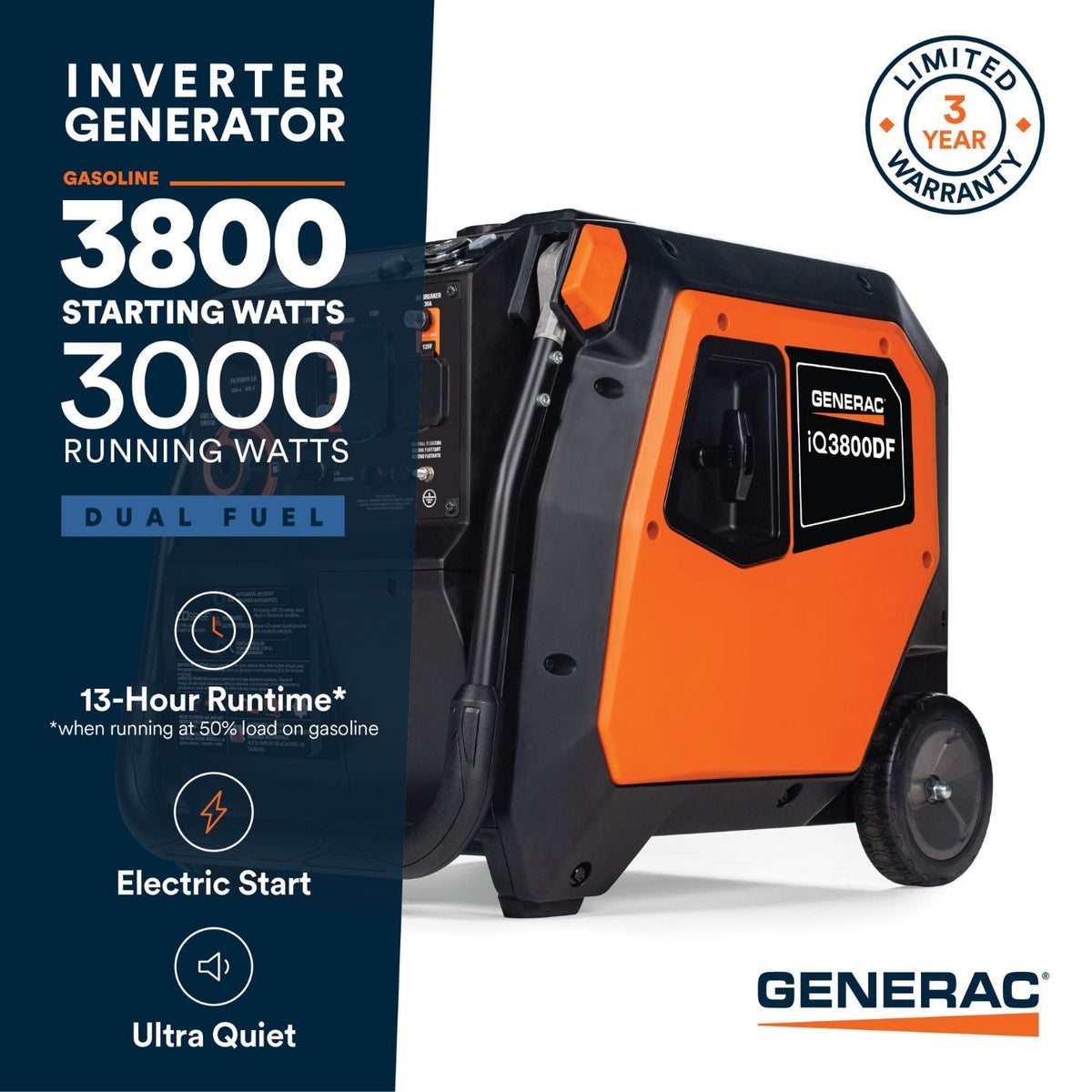 Generac iQ3800 Dual Fuel 3000W/3800W Portable Inverter Generator | Electric Start | COsense® - Portable Generators by Generac | Buy at Agent BBQ