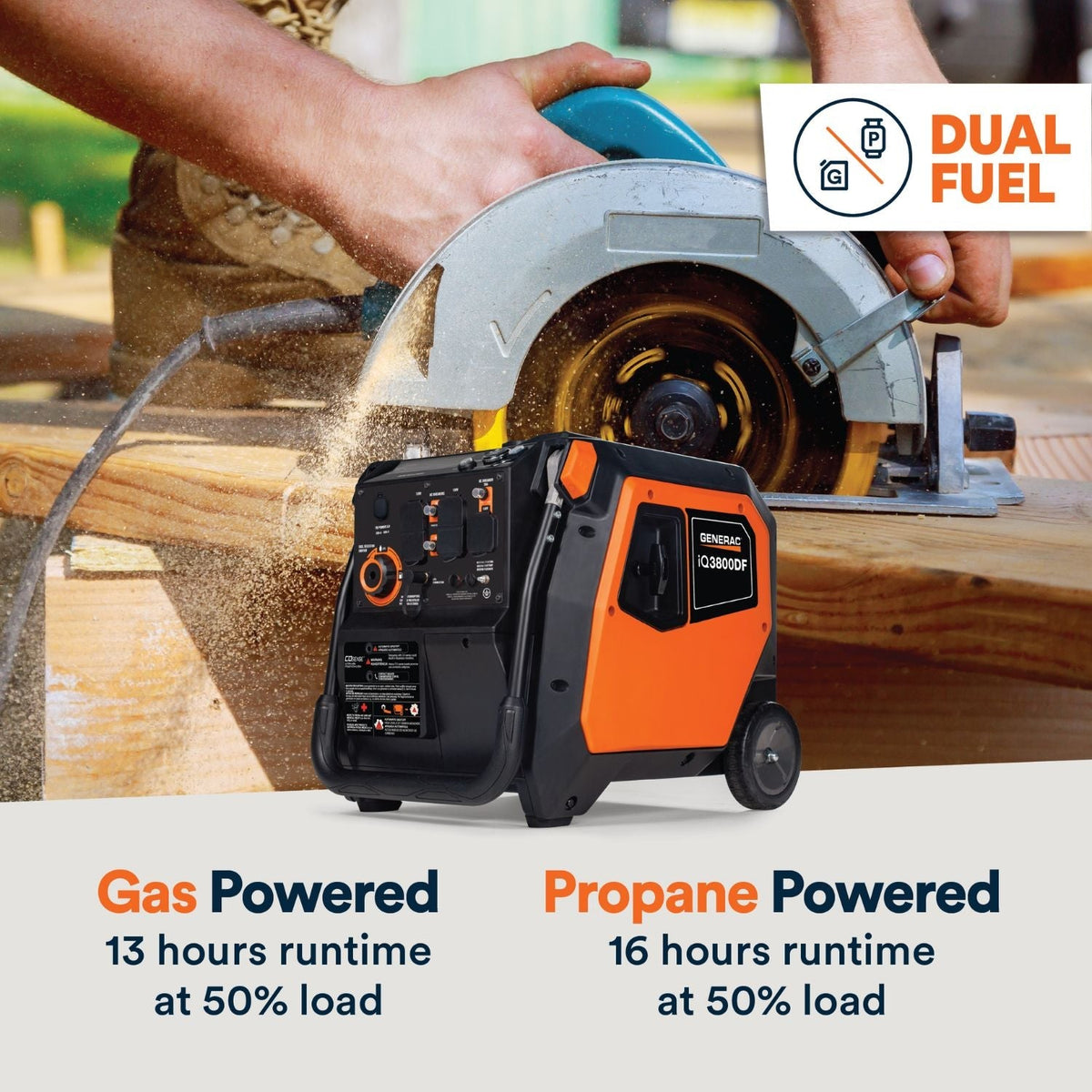 Generac iQ3800 Dual Fuel 3000W/3800W Portable Inverter Generator | Electric Start | COsense® - Portable Generators by Generac | Buy at Agent BBQ