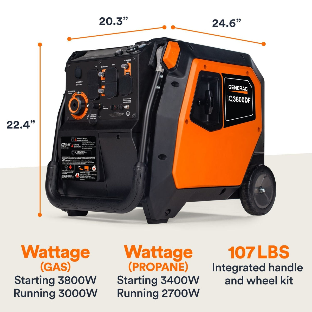 Generac iQ3800 Dual Fuel 3000W/3800W Portable Inverter Generator | Electric Start | COsense® - Portable Generators by Generac | Buy at Agent BBQ