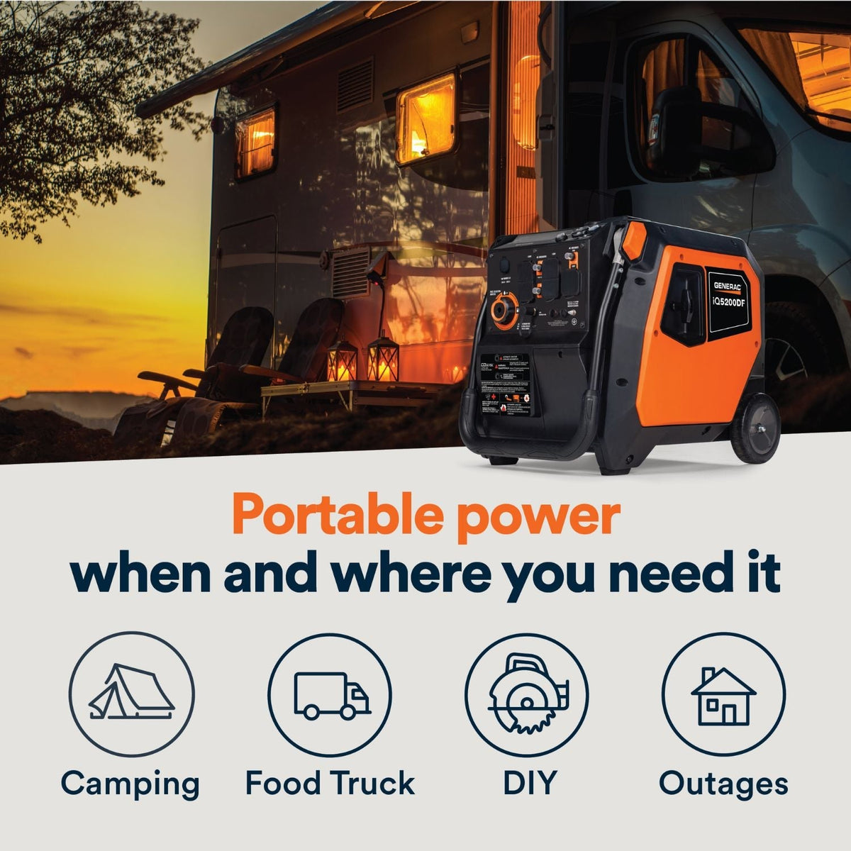 Generac iQ5200 Dual Fuel 3900W/5200W Portable Inverter Generator | Electric Start | COsense® - Portable Generators by Generac | Buy at Agent BBQ