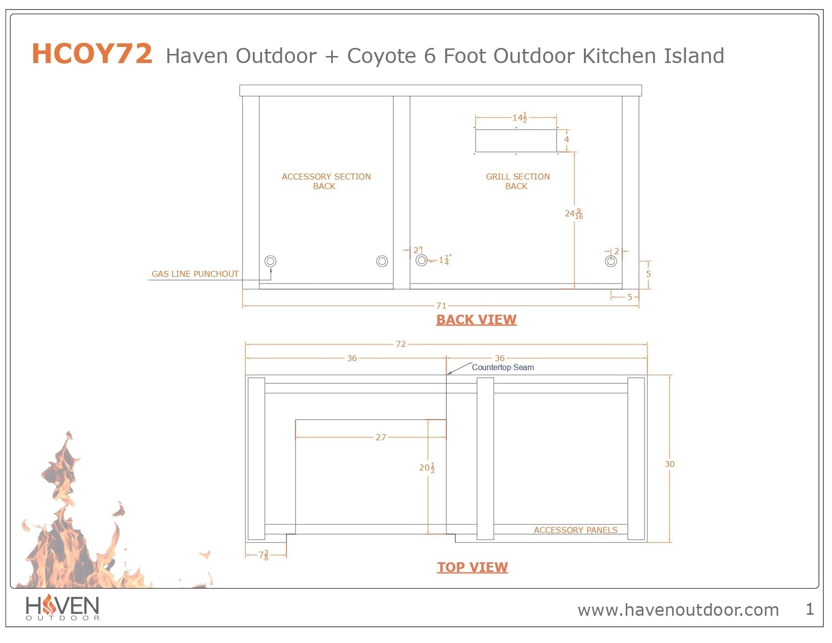 Haven 6 Ft. Outdoor Kitchen Island with Coyote 2 Drawer Cabinet, 30 - Inch S - Series Gas Grill & Double Access Doors - Outdoor Kitchen Kits by Haven Outdoor | Buy at Agent BBQ