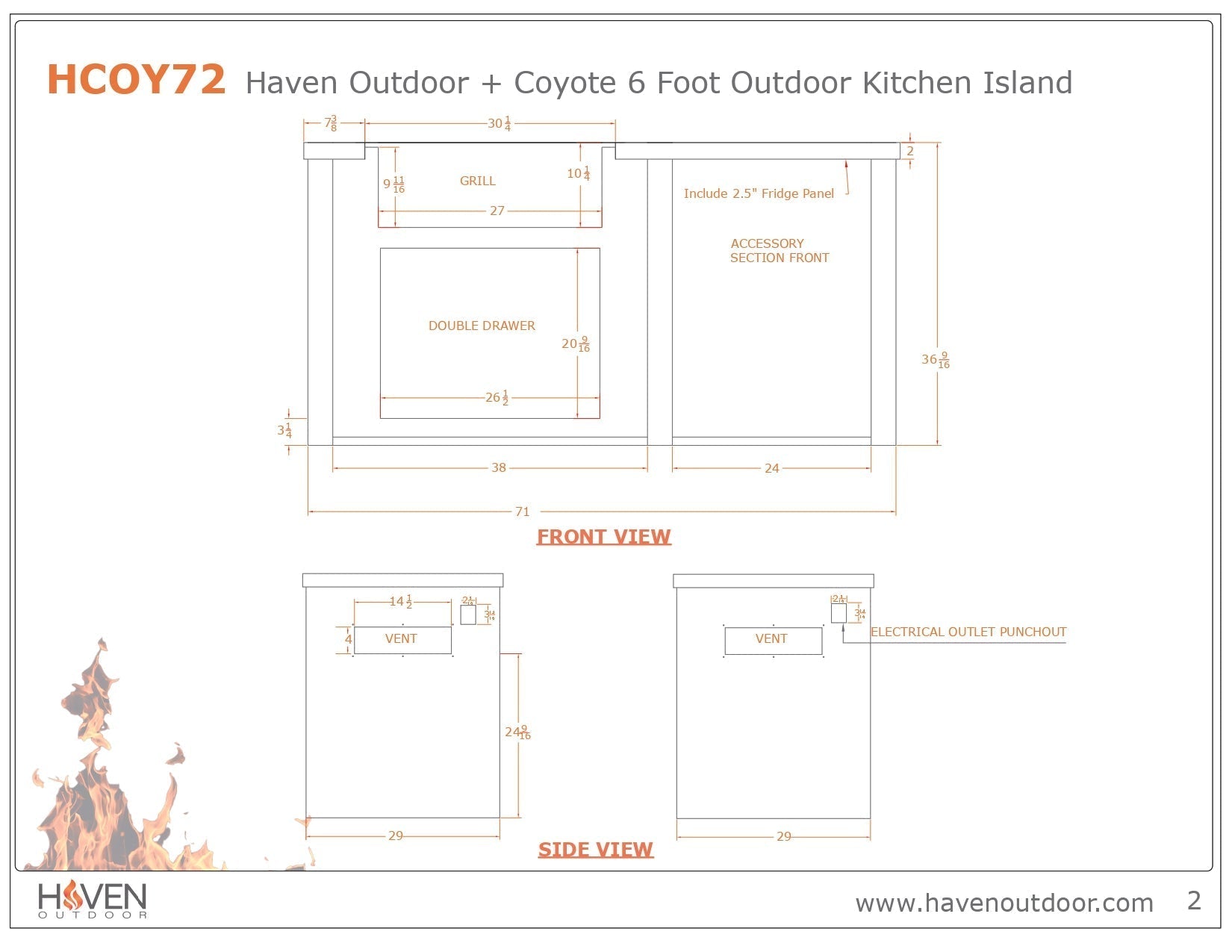 Haven 6 Ft. Outdoor Kitchen Island with Coyote 2 Drawer Cabinet, 30 - Inch S - Series Gas Grill & Double Access Doors - Outdoor Kitchen Kits by Haven Outdoor | Buy at Agent BBQ