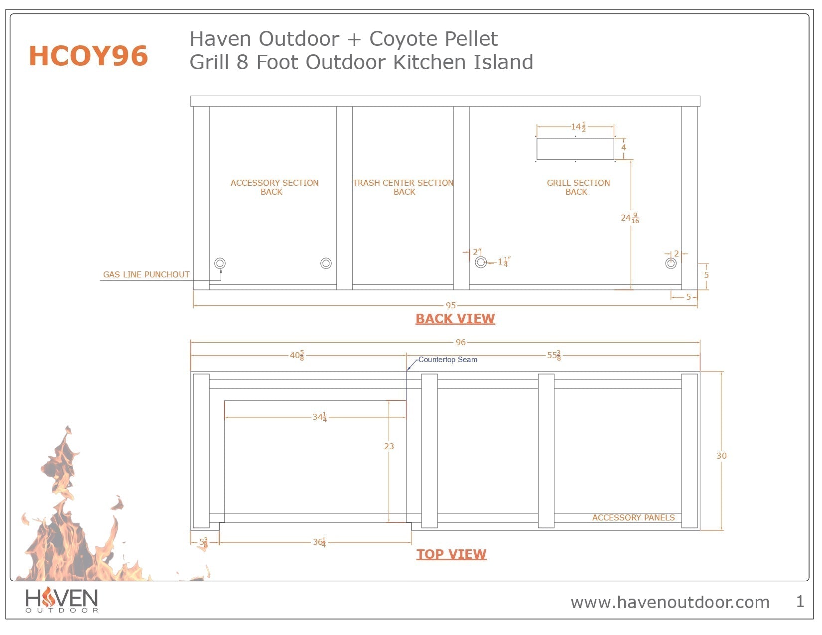Haven 8 Ft. Outdoor Kitchen Island with Coyote 36 - Inch Pellet Grill, 2 Drawer Cabinet & Trash Drawer - Outdoor Kitchen Kits by Haven Outdoor | Buy at Agent BBQ