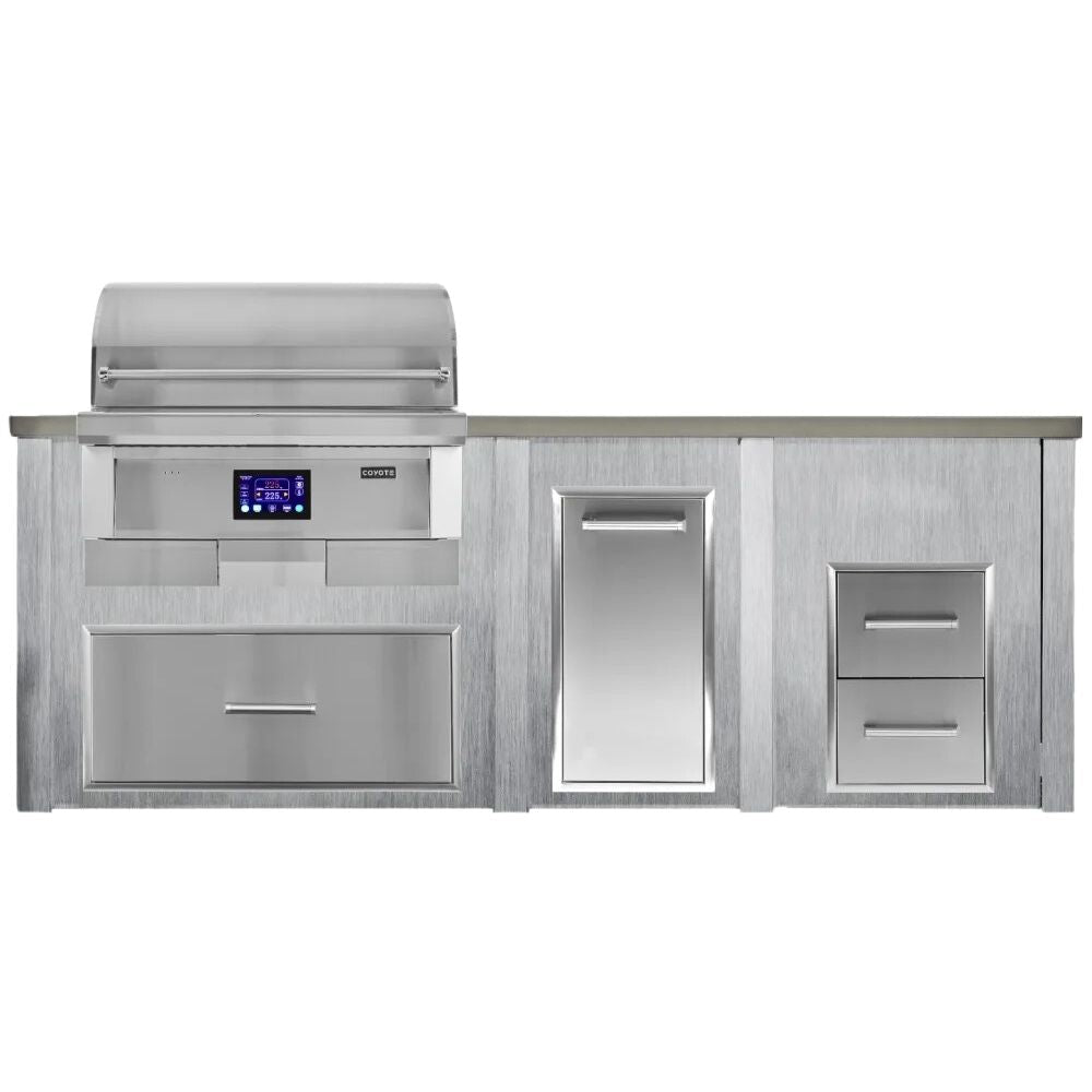 Haven 8 Ft. Outdoor Kitchen Island with Coyote 36 - Inch Pellet Grill, 2 Drawer Cabinet & Trash Drawer - Outdoor Kitchen Kits by Haven Outdoor | Buy at Agent BBQ