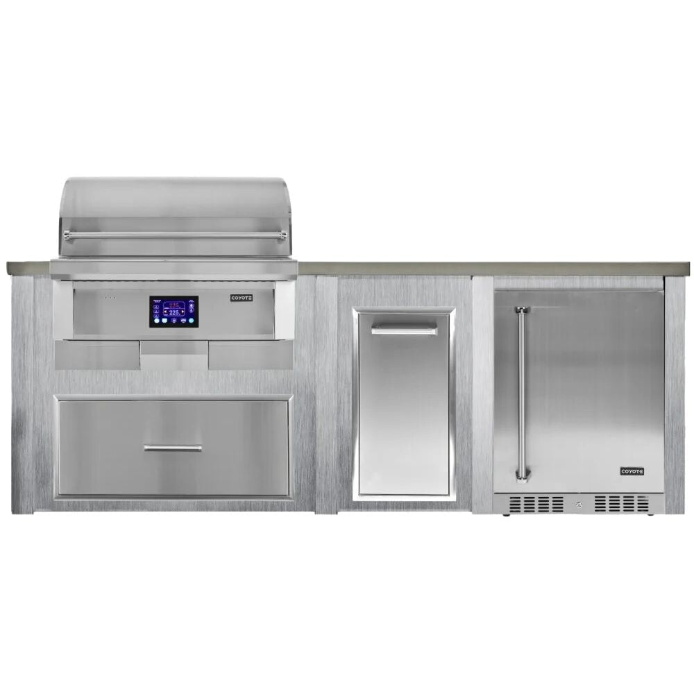 Haven 8 Ft. Outdoor Kitchen Island with Coyote 36 - Inch Pellet Grill, Refrigerator & Storage Drawer - Outdoor Kitchen Kits by Haven Outdoor | Buy at Agent BBQ