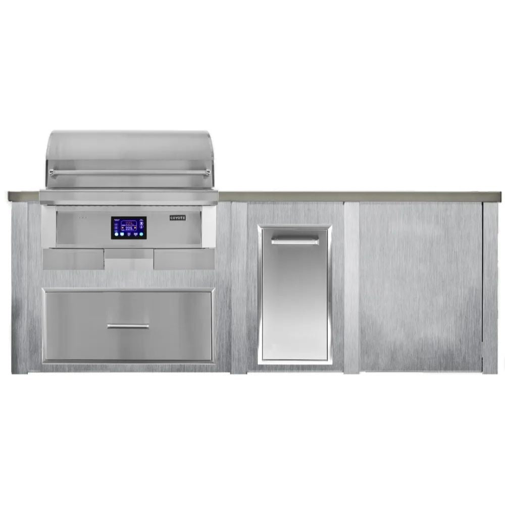 Haven 8 Ft. Outdoor Kitchen Island with Coyote 36 - Inch Pellet Grill, Trash Drawer & Storage Drawer - Outdoor Kitchen Kits by Haven Outdoor | Buy at Agent BBQ