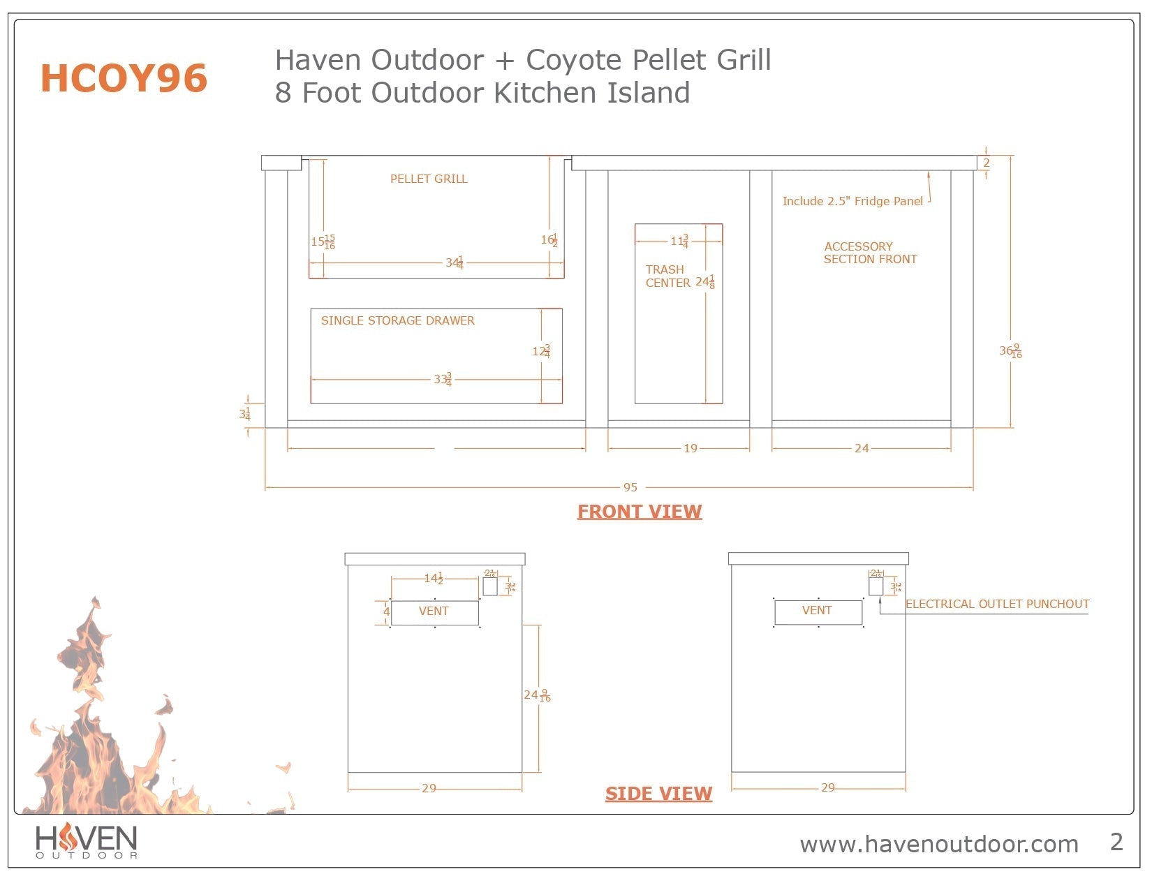 Haven 8 Ft. Outdoor Kitchen Island with Coyote 36 - Inch Pellet Grill, Trash Drawer & Storage Drawer - Outdoor Kitchen Kits by Haven Outdoor | Buy at Agent BBQ