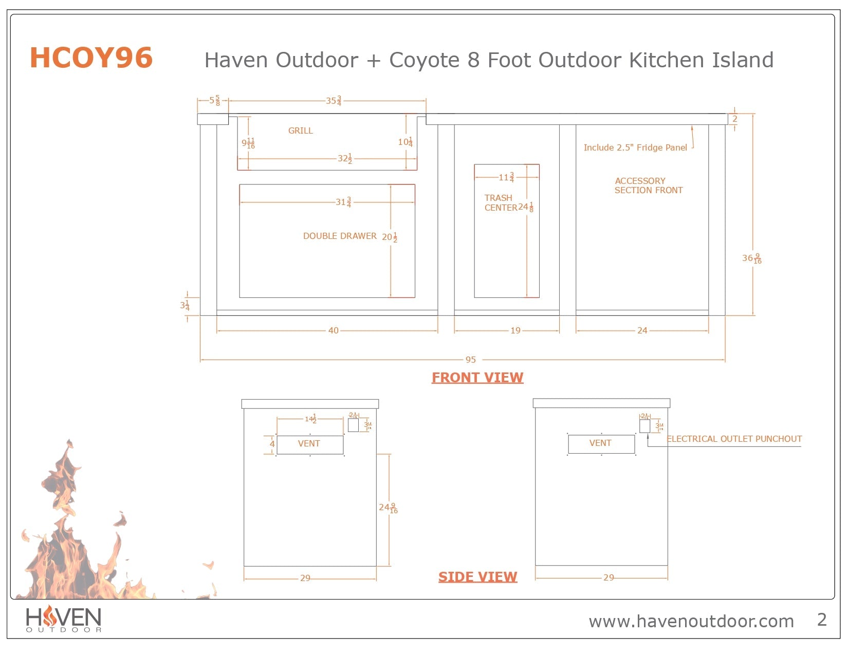 Haven 8 Ft. Outdoor Kitchen Island with Coyote Trash Center, 2 Drawer Cabinet & 36 - Inch S - Series Gas Grill - Outdoor Kitchen Kits by Haven Outdoor | Buy at Agent BBQ