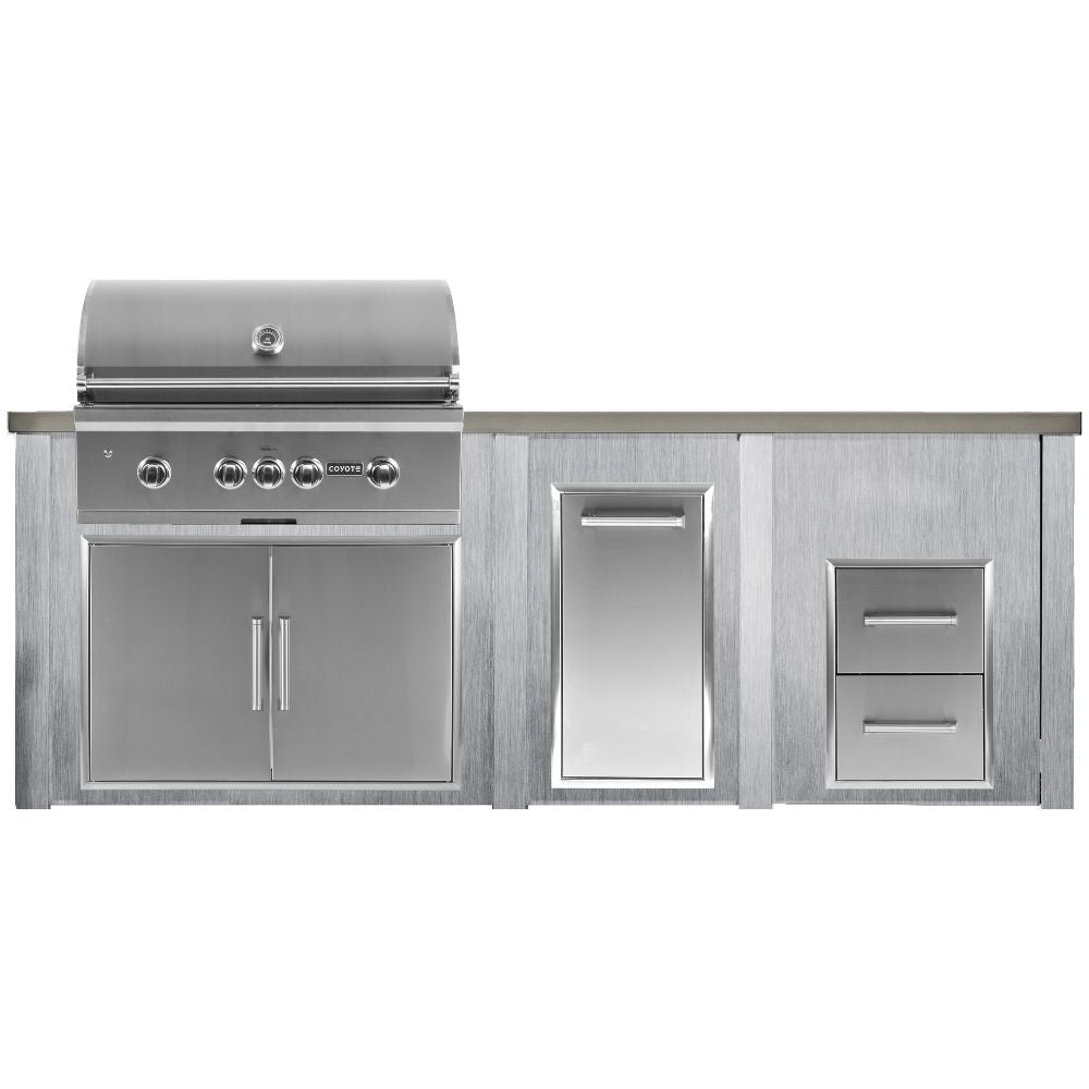 Haven 8 Ft. Outdoor Kitchen Island with Coyote Trash Center, 2 Drawer Cabinet & 36 - Inch S - Series Gas Grill - Outdoor Kitchen Kits by Haven Outdoor | Buy at Agent BBQ