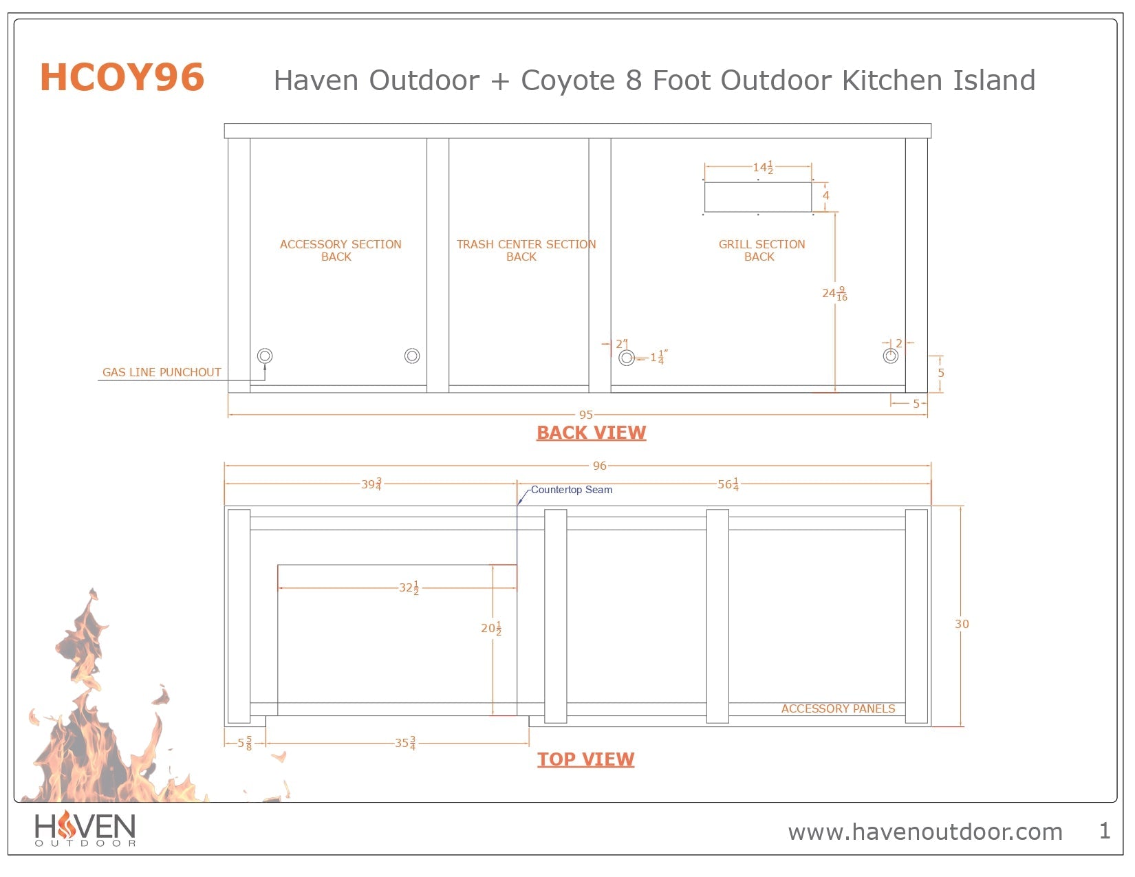 Haven 8 Ft. Outdoor Kitchen Island with Coyote Trash Center, 24 - Inch Refrigerator & S - Series 36 - Inch Gas Grill - Outdoor Kitchen Kits by Haven Outdoor | Buy at Agent BBQ