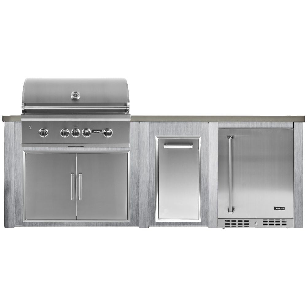 Haven 8 Ft. Outdoor Kitchen Island with Coyote Trash Center, 24 - Inch Refrigerator & S - Series 36 - Inch Gas Grill - Outdoor Kitchen Kits by Haven Outdoor | Buy at Agent BBQ