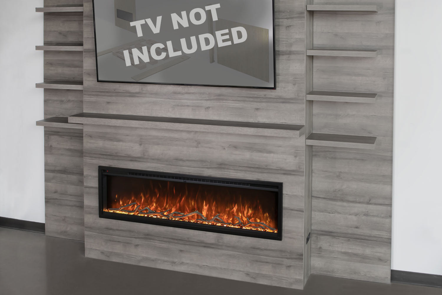 Modern Flames Allwood Fireplace Media Wall in Driftwood Gray | 60'' Spectrum Electric Fireplace - Electric Fireplace by Modern Flames | Buy at Agent BBQ