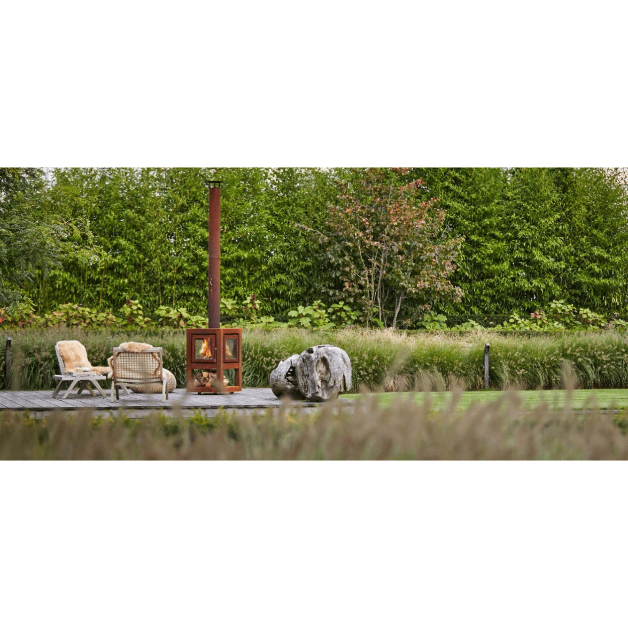 RB73 Quaruba L MOBILE 4 - Sided Glass Matte Stainless Steel Wood - Burning Outdoor Fireplace - by RB73 | Buy at Agent BBQ