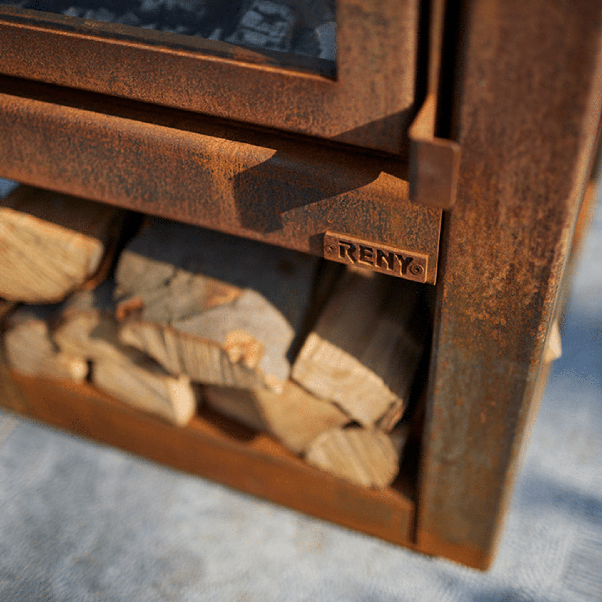 RB73 Quaruba L MOBILE 4 - Sided Glass Matte Stainless Steel Wood - Burning Outdoor Fireplace - by RB73 | Buy at Agent BBQ